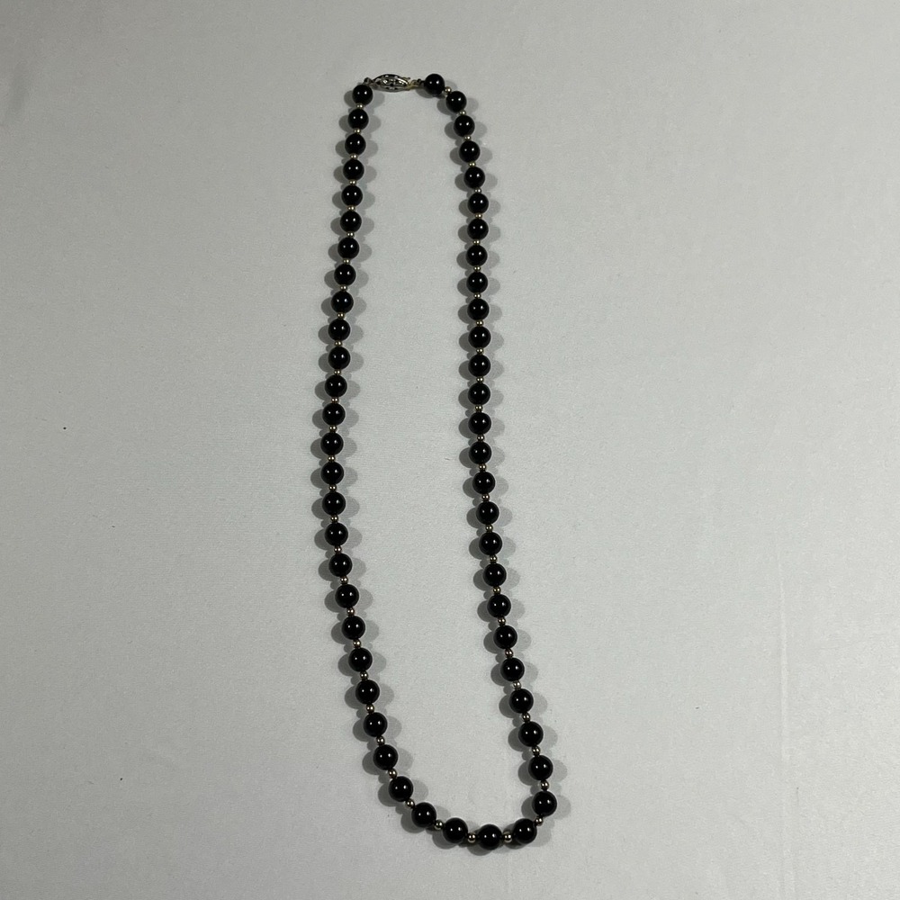 Vintage Black Onyx Style Beaded Necklace Gold Tone Spacer Clasp 24 Inch